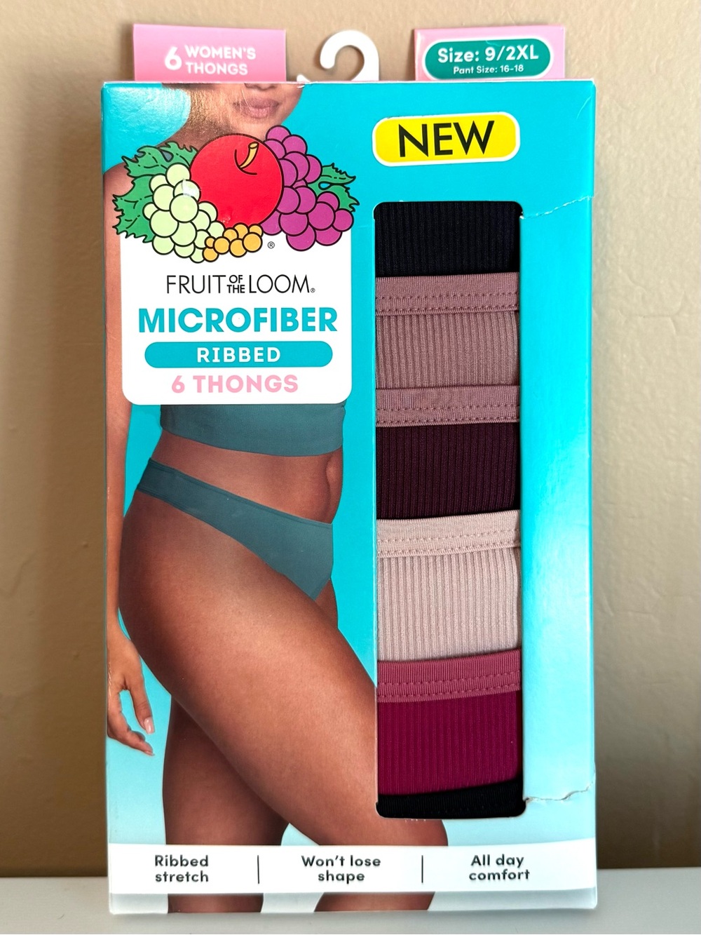 FRUIT OF THE LOOM MICROFIBER WOMEN'S SIZE 9/2XL 6 PACK RIBBED THONGS NEW